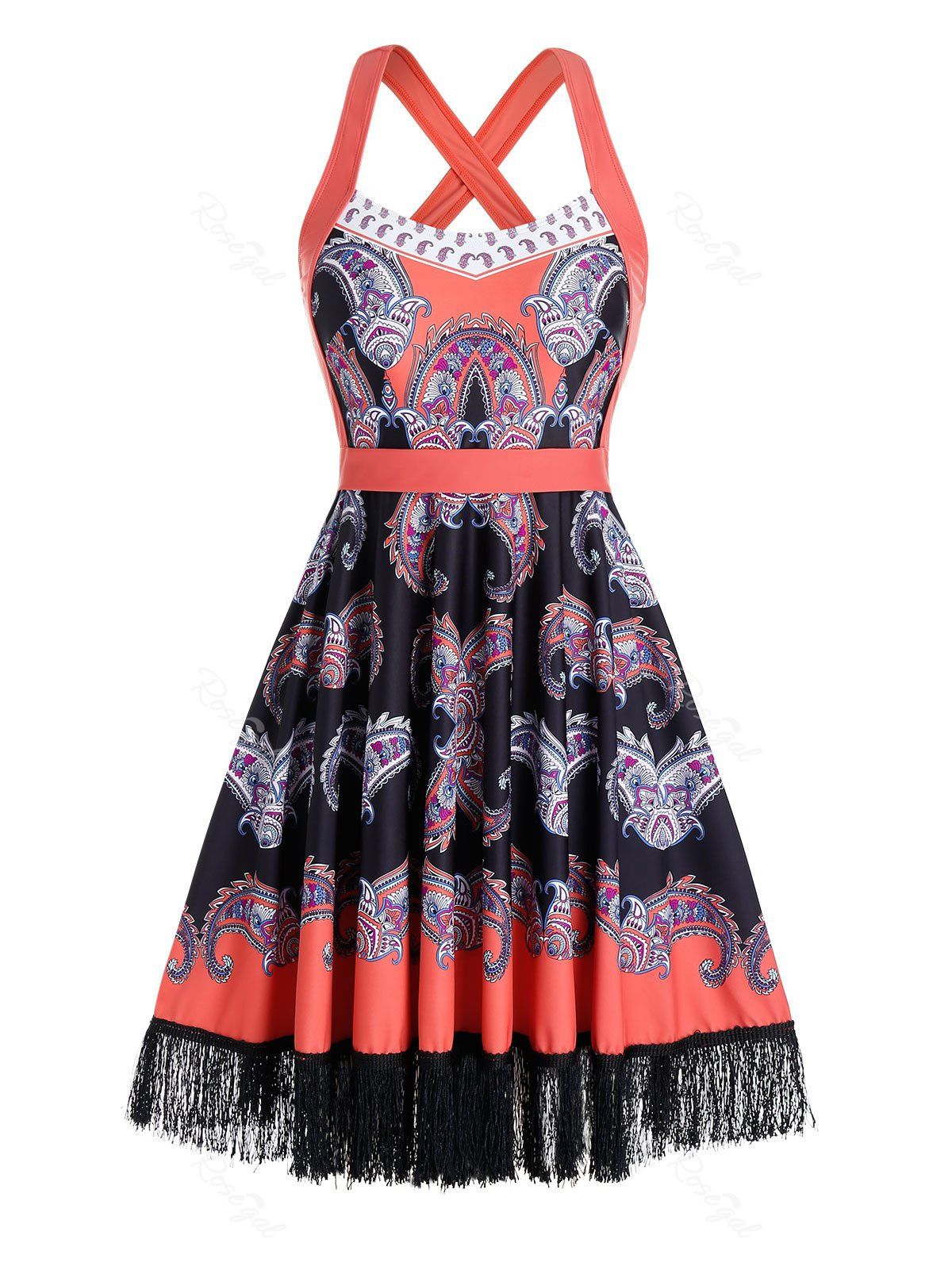 

Plus Size Paisley Criss Cross Fringed A Line Tankini Swimwear, Black