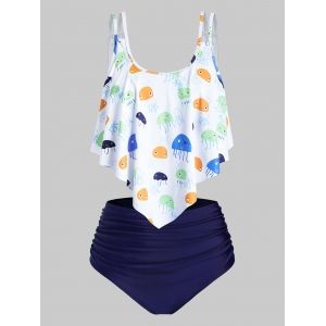 

Plus Size Jellyfish Print Ruched High Rise Tankini Swimwear, Cadetblue