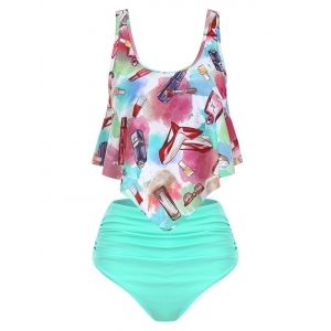 

Fashion Accessories Makeup Print Ruched Tankini Set, Blue zircon