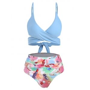 

Fashion Accessories Makeup Print Ruched Wrap Bikini Set, Light sky blue