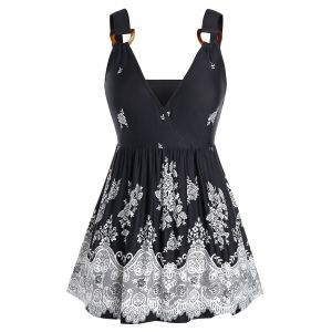 

Plus Size Flower Print D-ring Skirted Surplice Tank Top, Black