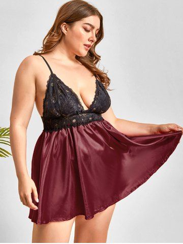 

Lingerie T Back Lace Panel Satin Plus Size Babydoll, Red wine