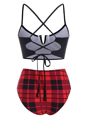

Underwire V-notch Plaid Crisscross Lace-up Bikini Swimwear, Black