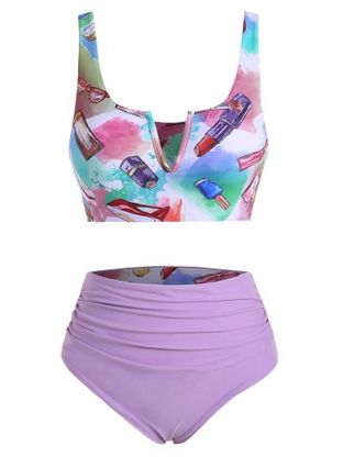 Fashion Accessories Makeup Print V-wired Ruched Reversible Tankini Set