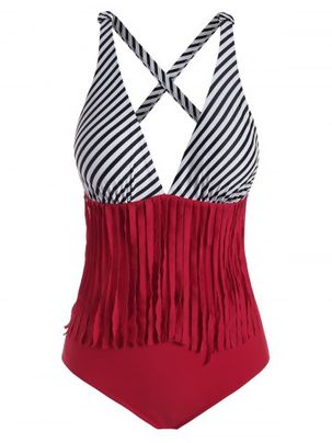 Striped Fringed Padded One-piece Swimsuit