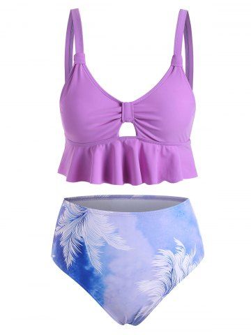 Leaves Tie Dye Hollow Out Tankini Swimwear - MAUVE - XL