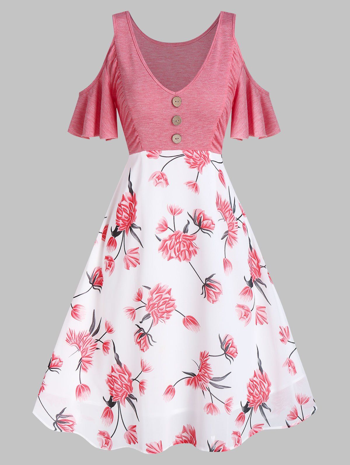 

Open Shoulder Floral Print A Line Dress, Pink