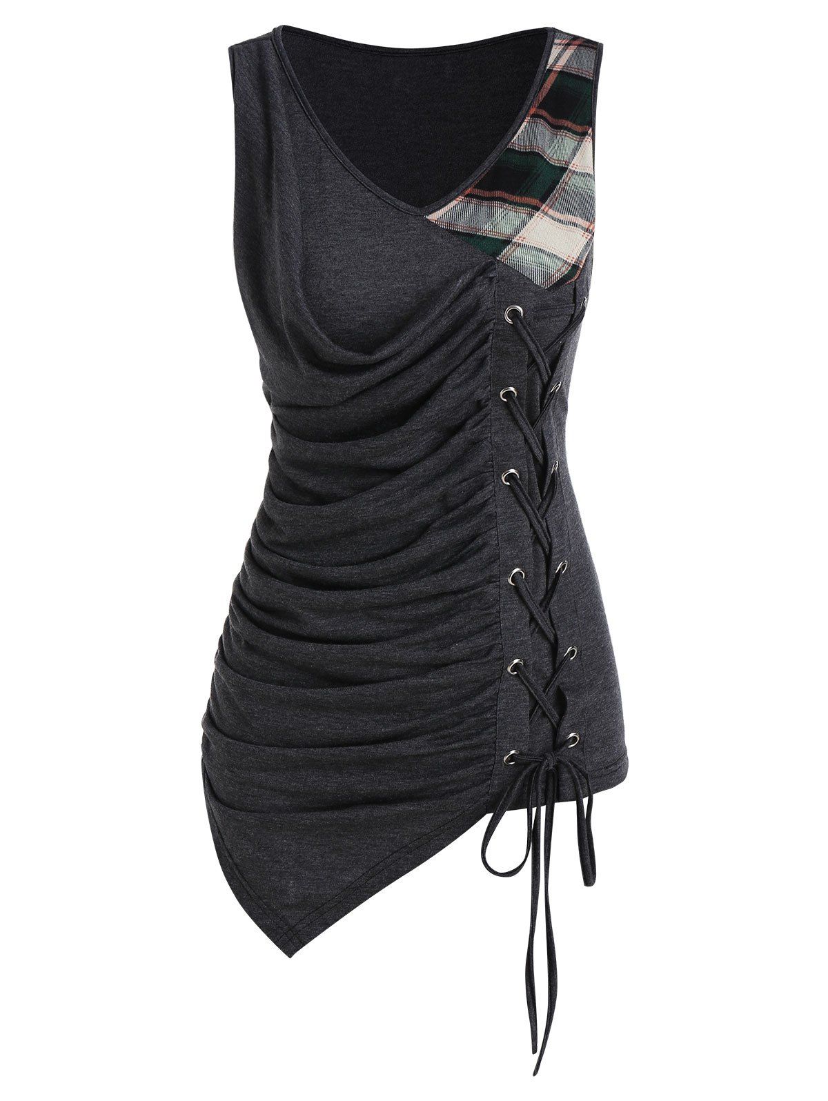 

V Neck Ruched Lace Up Asymmetrical Tank Top, Gray