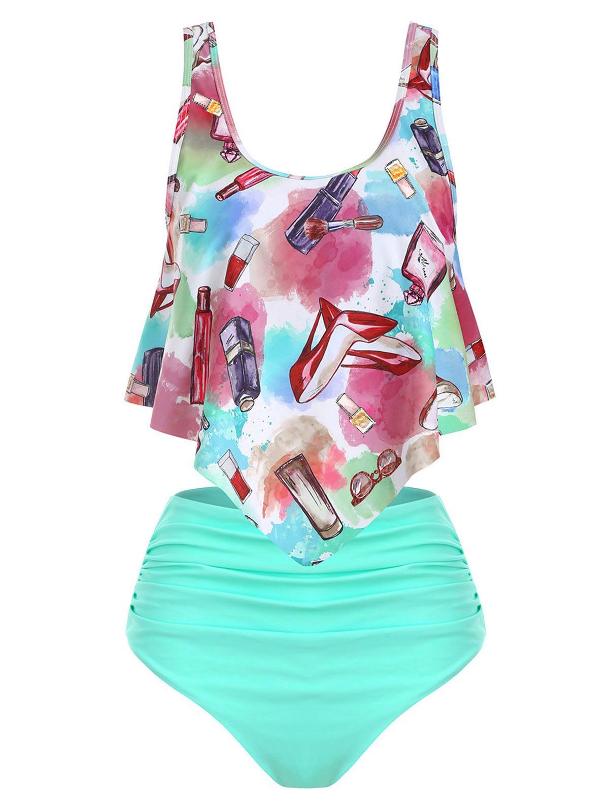 

Fashion Accessories Makeup Print Ruched Tankini Set, Blue zircon