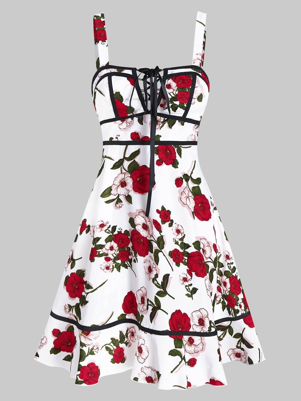 

Sleeveless Flower Print Lace-up Flare Dress, White