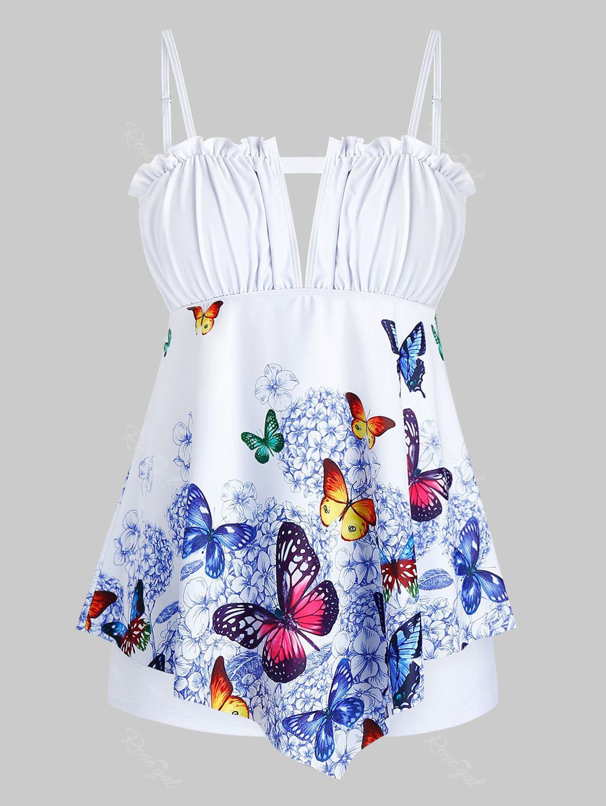 

Plus Size Butterfly Print Keyhole Ruffled Trim Tankini Swimwear, White