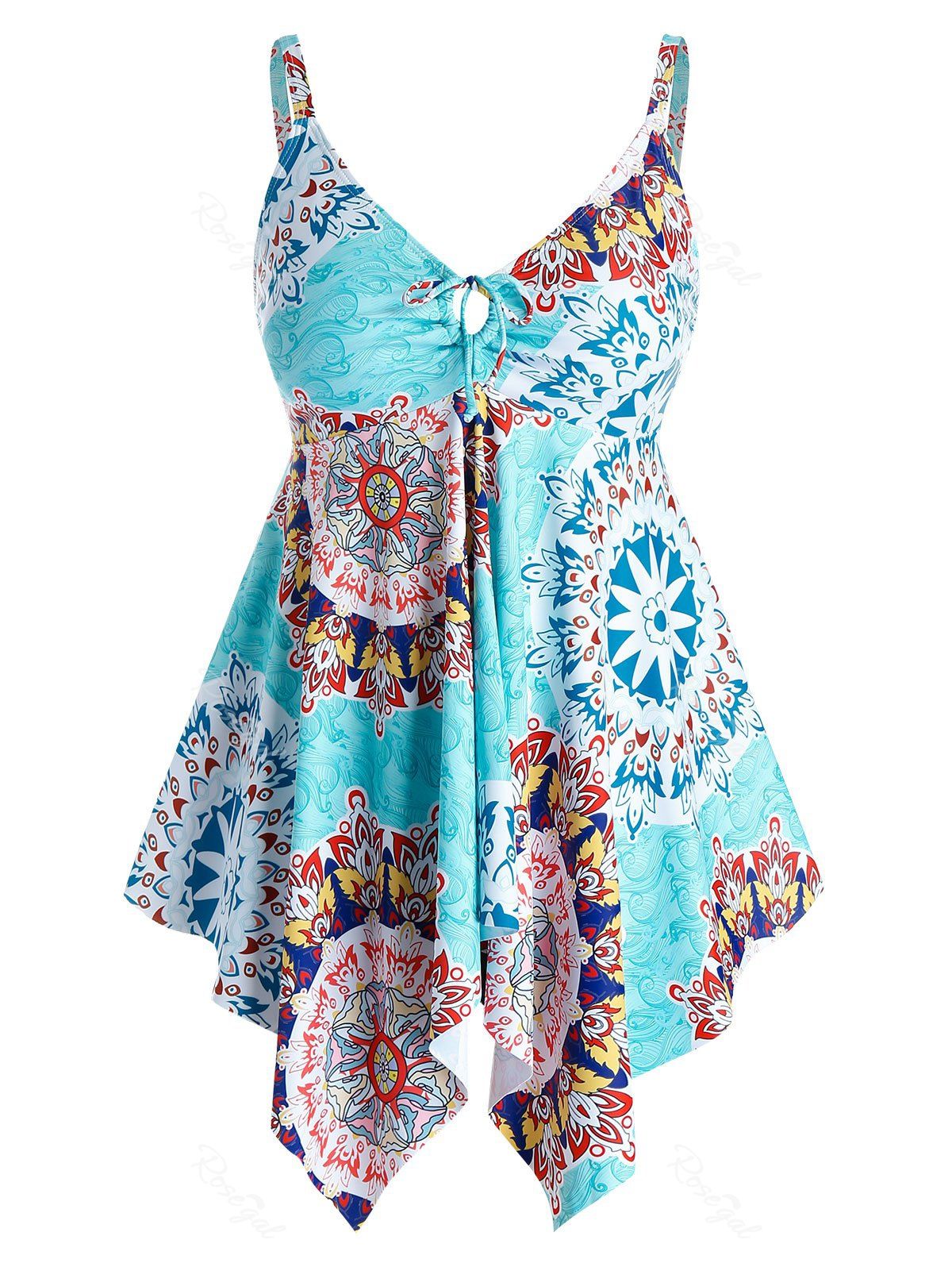 

Plus Size Flower Print Bowknot Skirted Tankini Swimwear, Multi