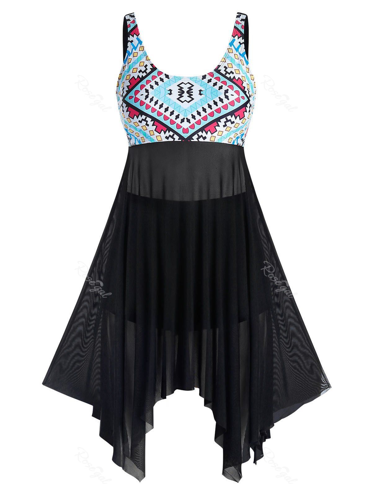 

Plus Size Printed Mesh Insert Skirted Tankini Swimwear, Black