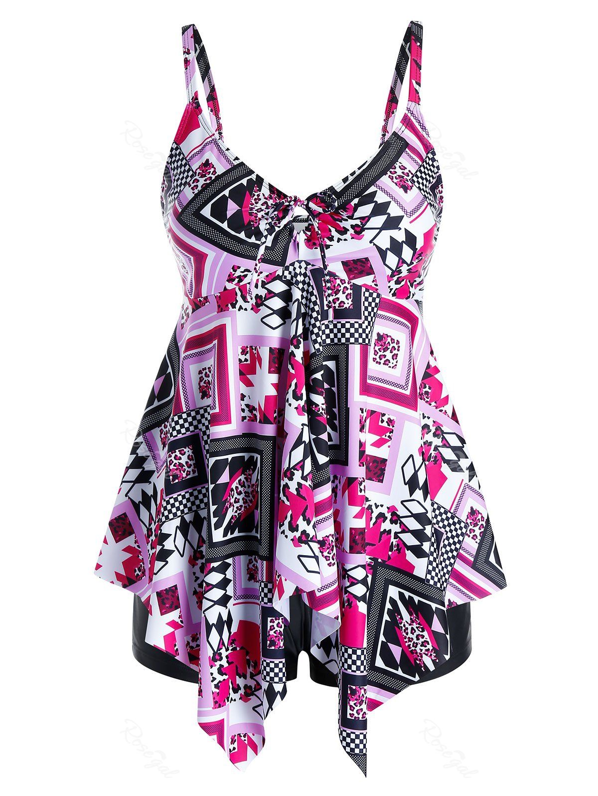 

Plus Size Printed Bowknot Keyhole Asymmetrical Tankini Swimwear, Multi