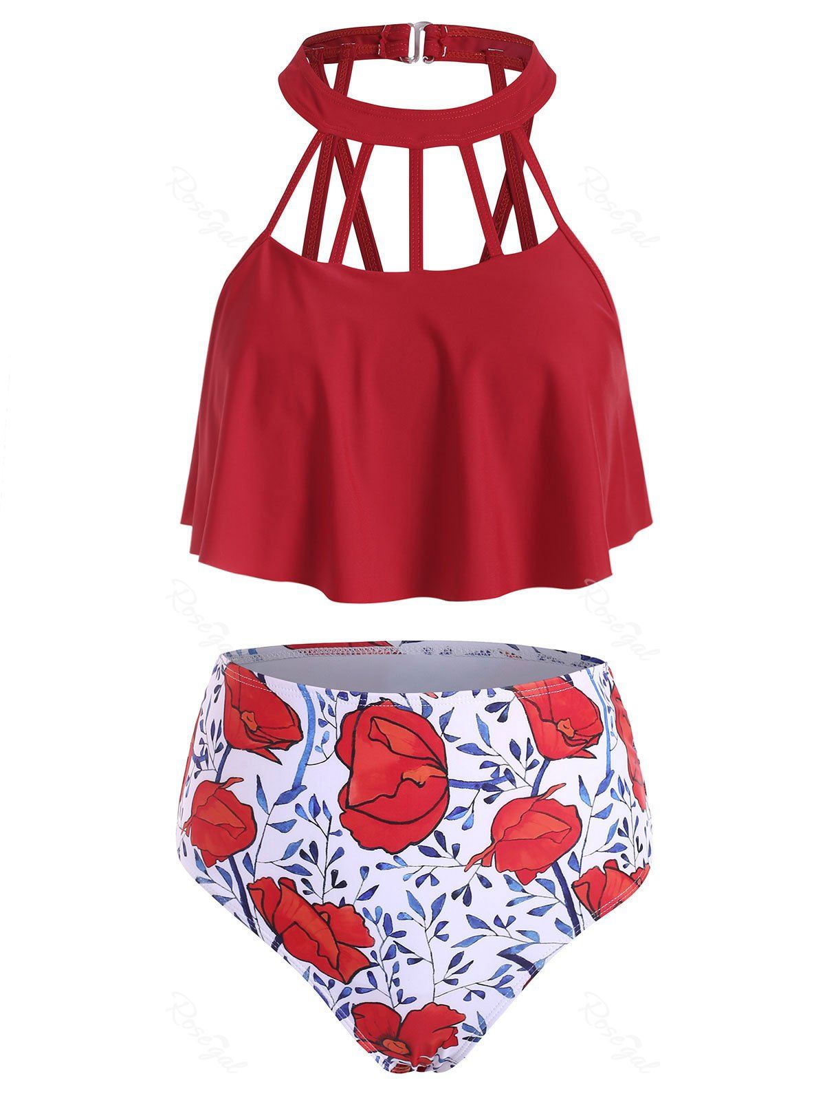 

Cutout Floral Print Padded Tankini Swimwear, Cherry red