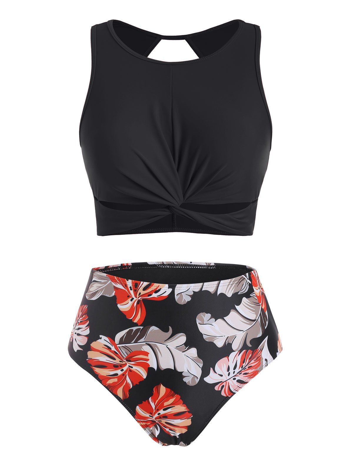 

Floral Leaves Twist Padded Tankini Swimwear, Black