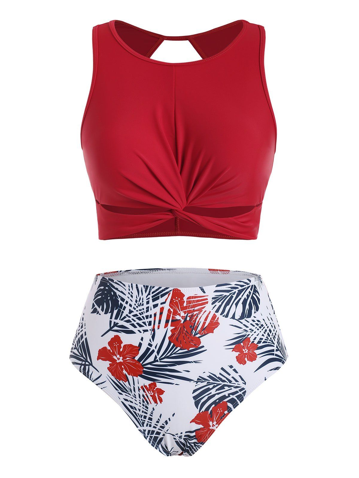 

Floral Leaves Twist Padded Tankini Swimwear, Cherry red