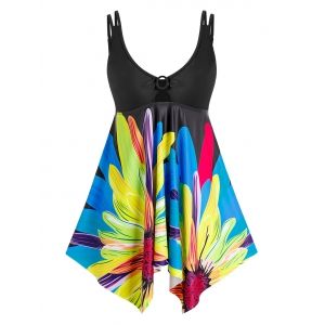 

Plus Size Flower Print Handkerchief Tankini Swimwear, Black