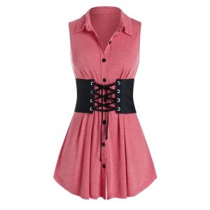 

Plus Size Button Up Tank Top With Lace Up Corset Belt, Valentine red