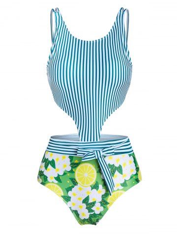 Vertical Striped Bowknot Cut Out One-piece Swimsuit - CLOVER GREEN - 3XL