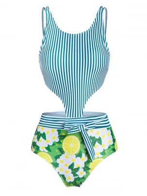 Vertical Striped Bowknot Cut Out One-piece Swimsuit