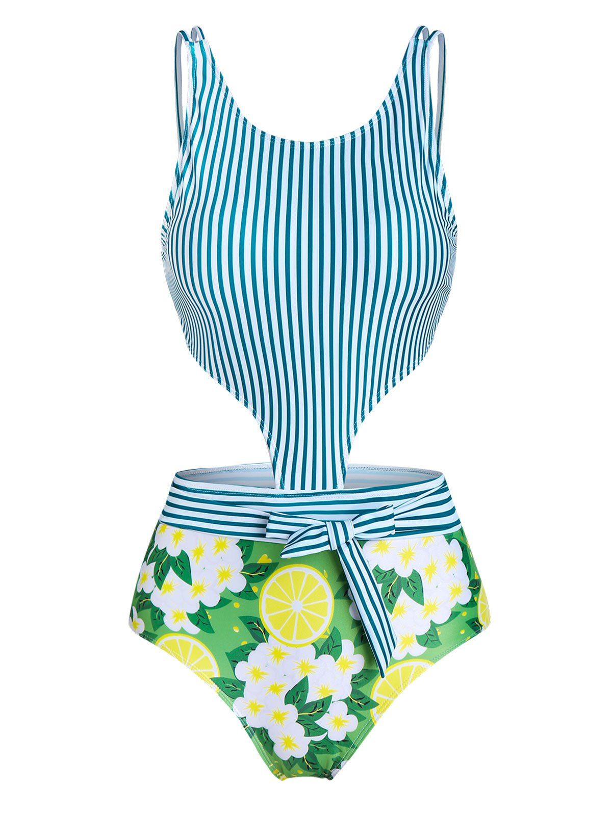 

Vertical Striped Bowknot Cut Out One-piece Swimsuit, Clover green