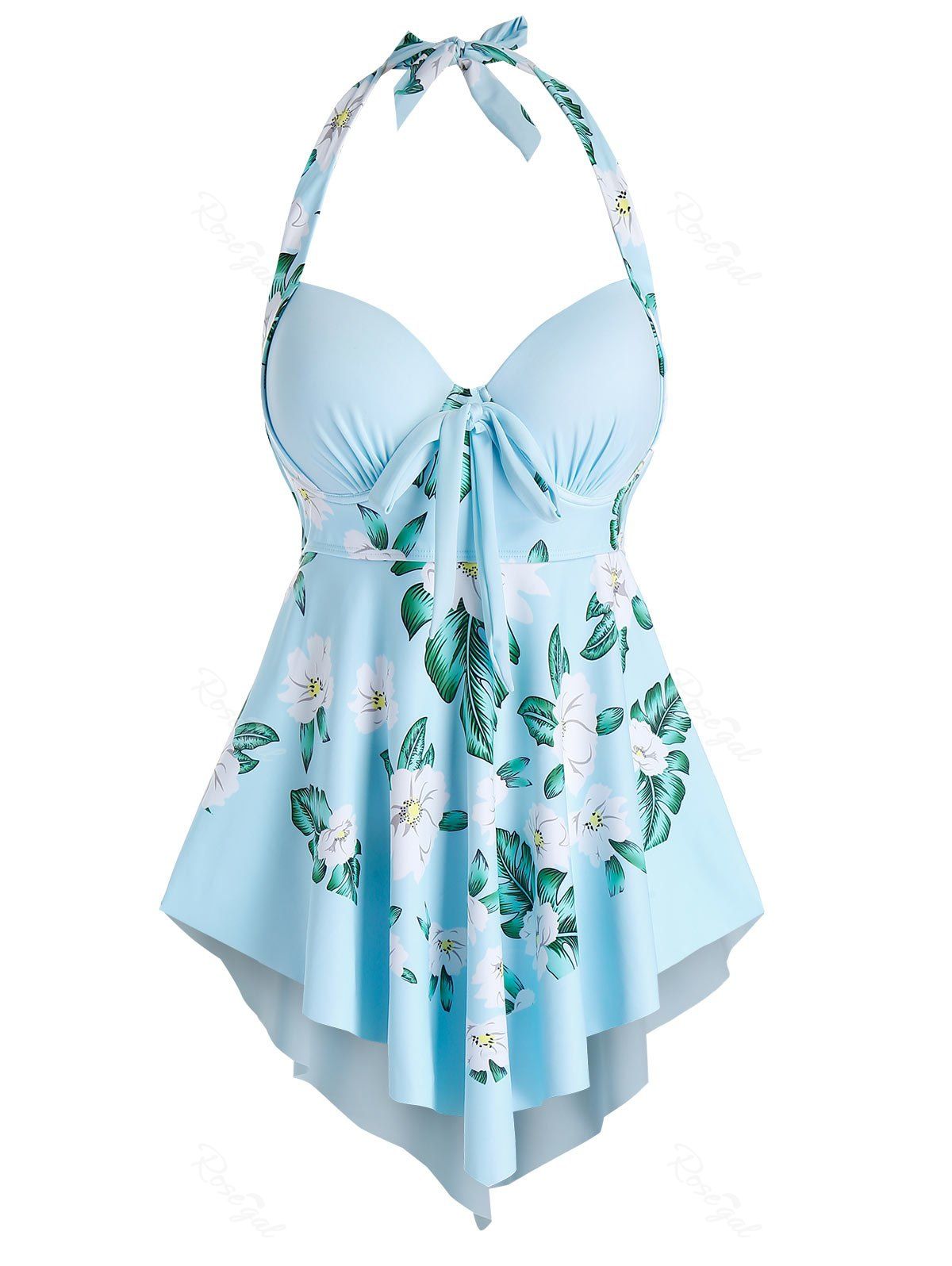 

Plus Size Flower Asymmetrical Push Up Halter Knot Tankini Swimwear, Pale blue lily