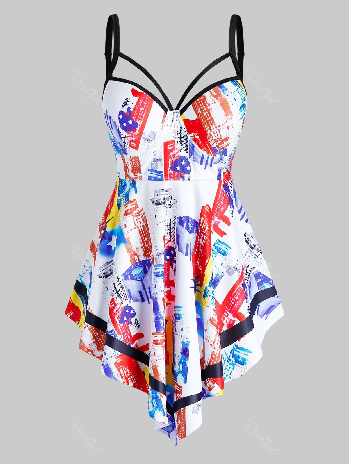 

Plus Size Asymmetric Building Print Underwire High Waisted Tankini Swimwear, Multi