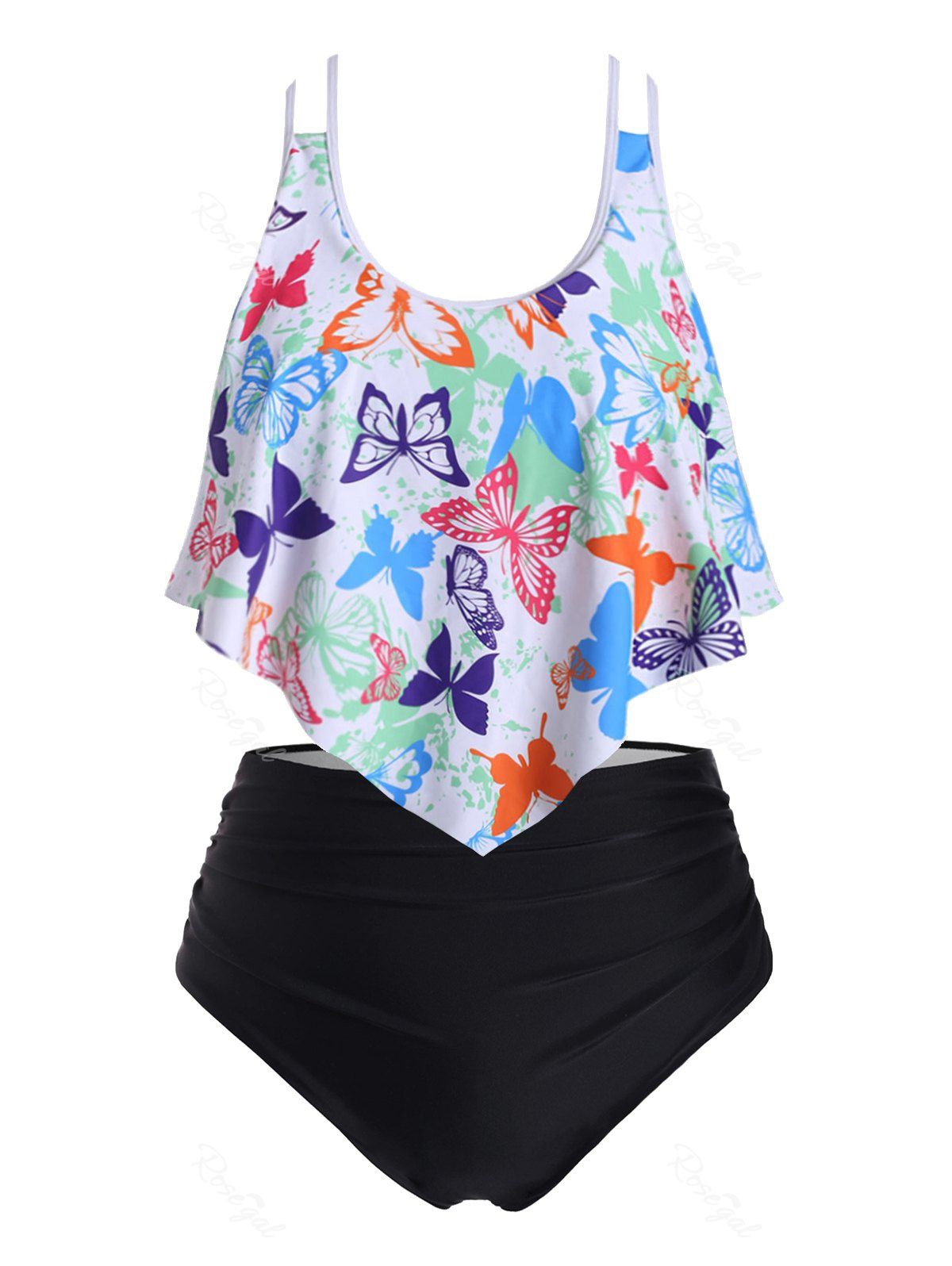 Sale Strappy Flounces Dazzling Butterfly Plus Size Tankini Swimsuit  