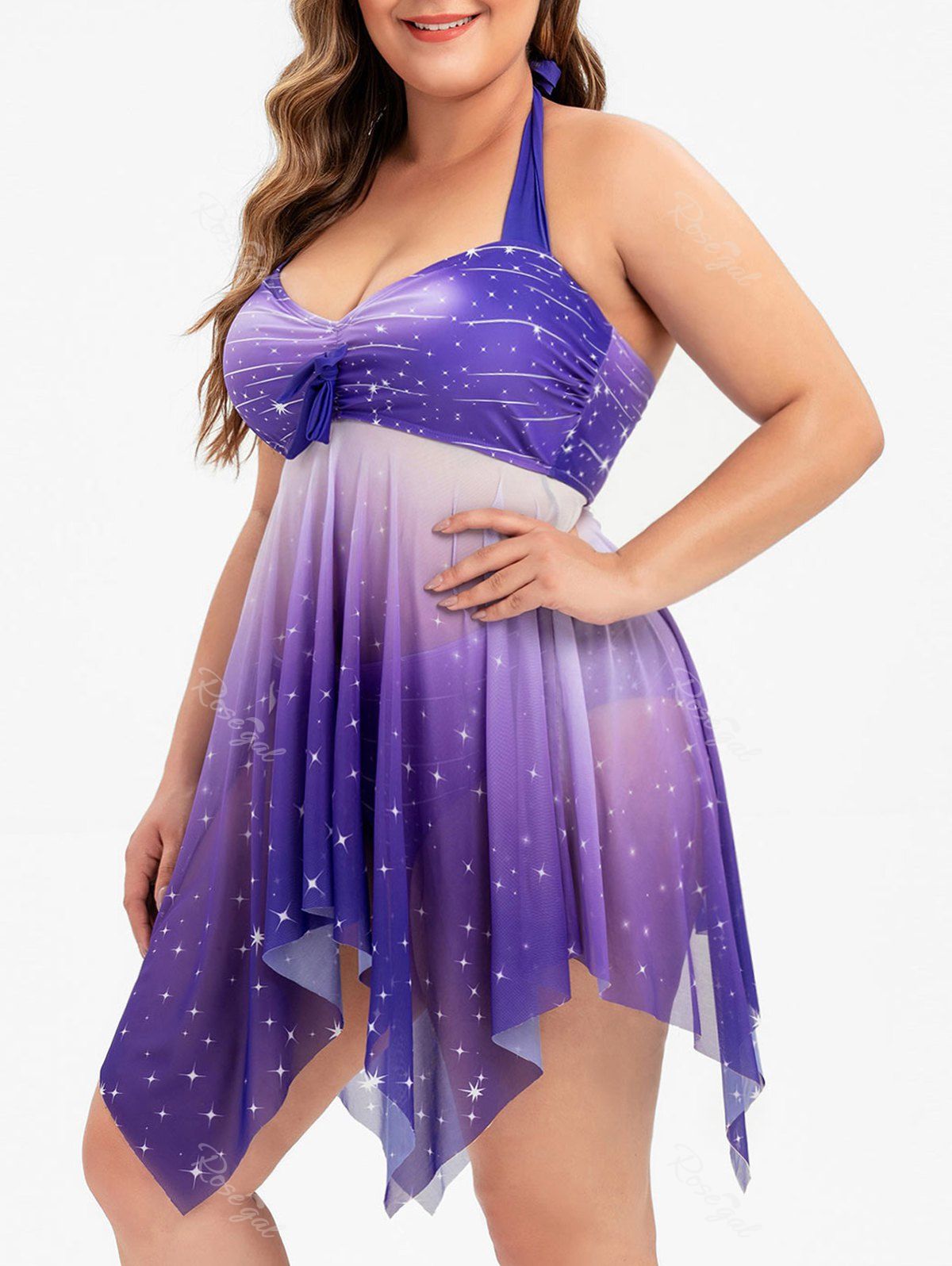 

Bowknot Mesh Panel Handkerchief Sparkle Stars Plus Size Tankini Swimsuit, Purple iris