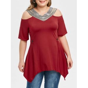 

Glittery Cold Shoulder Handkerchief Plus Size Top, Red wine