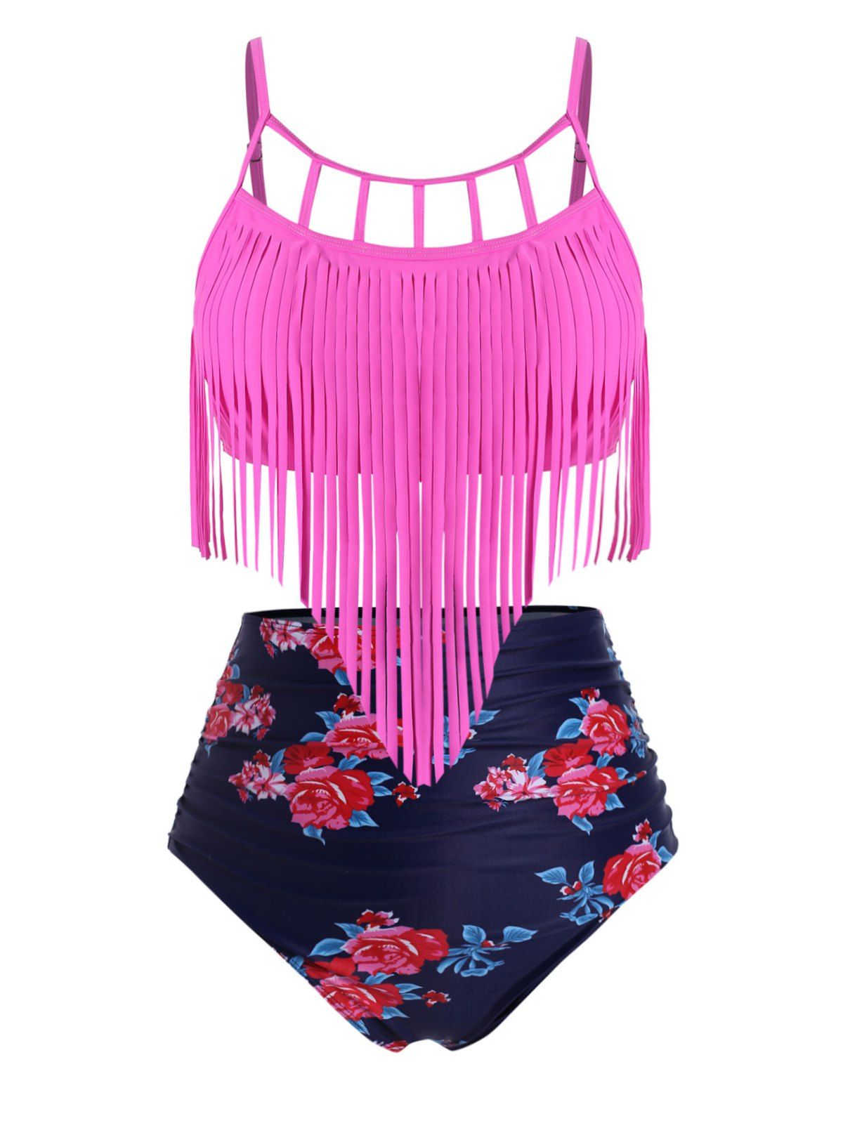 

Ruched Fringed Floral High Waisted Plus Size Tankini Swimsuit, Rose red