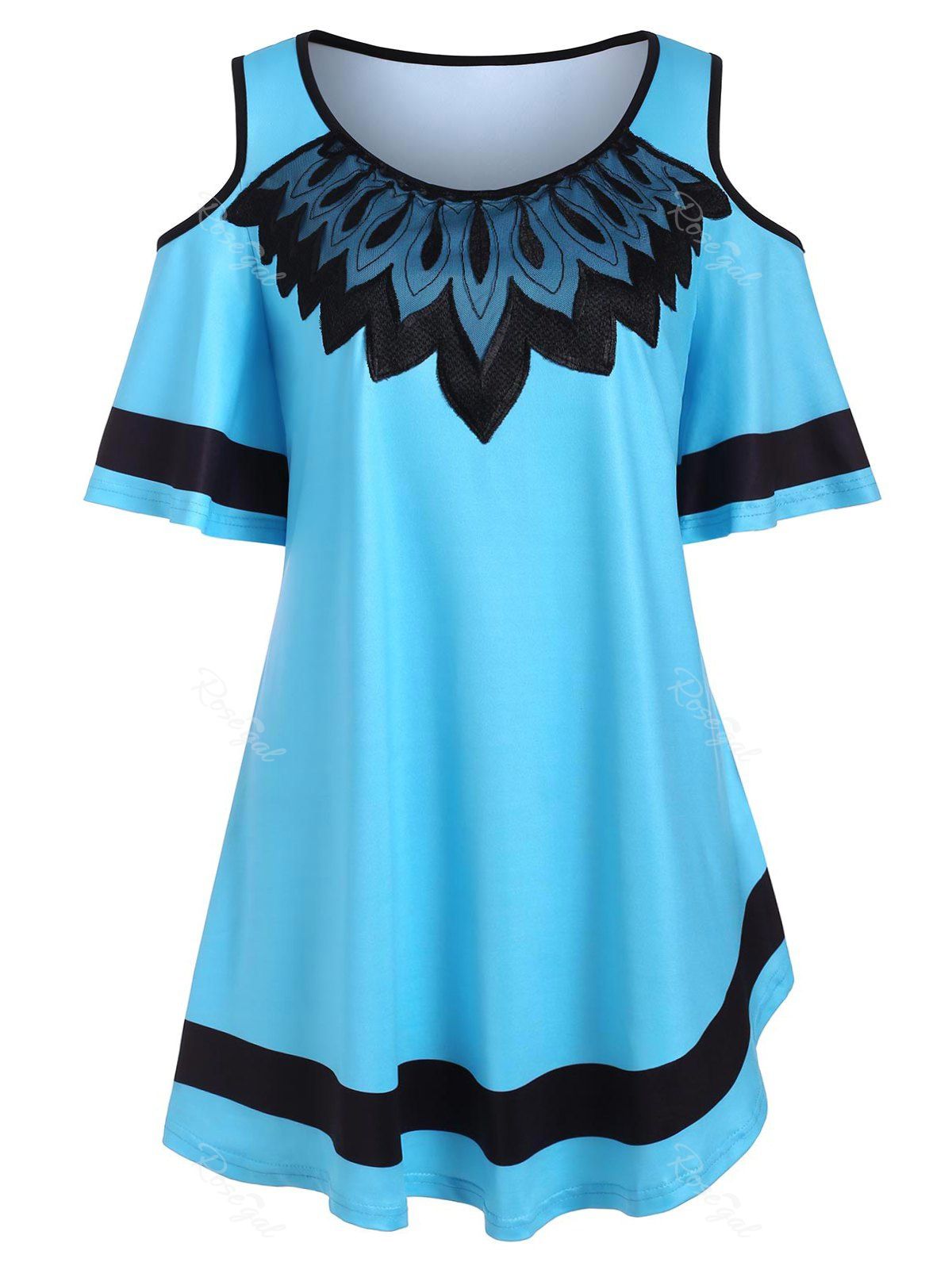 

Embroidered Mesh Panel Cold Shoulder Plus Size Top, Blue