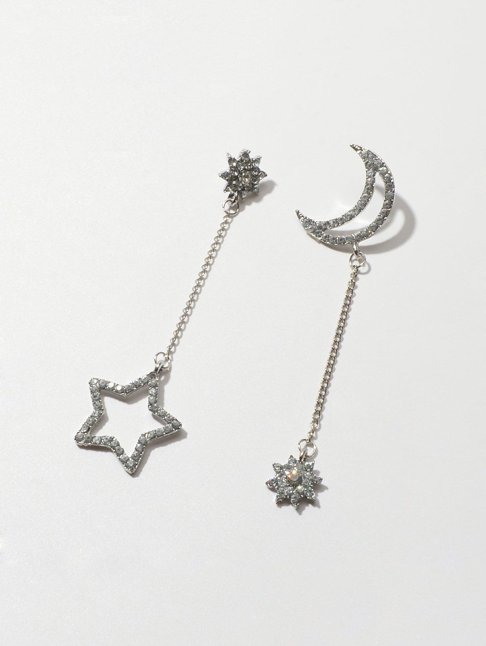 

Moon Star Rhinestone Hollow Drop Earrings, Silver