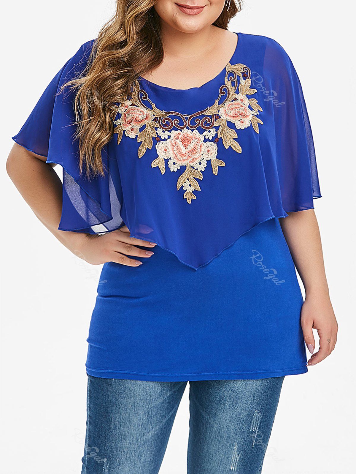 

Overlay Chiffon Panel Floral Embroidered Plus Size Blouse, Blue