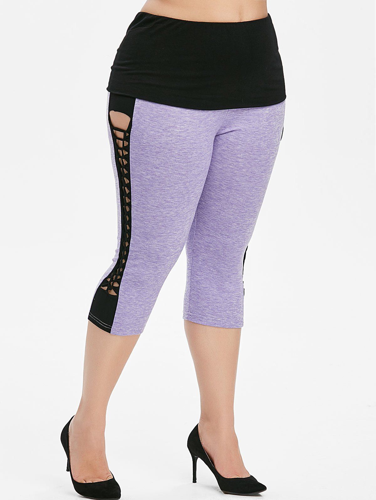 Overlay Waist Lattice Side Plus Size Capri Leggings [28% OFF] | Rosegal