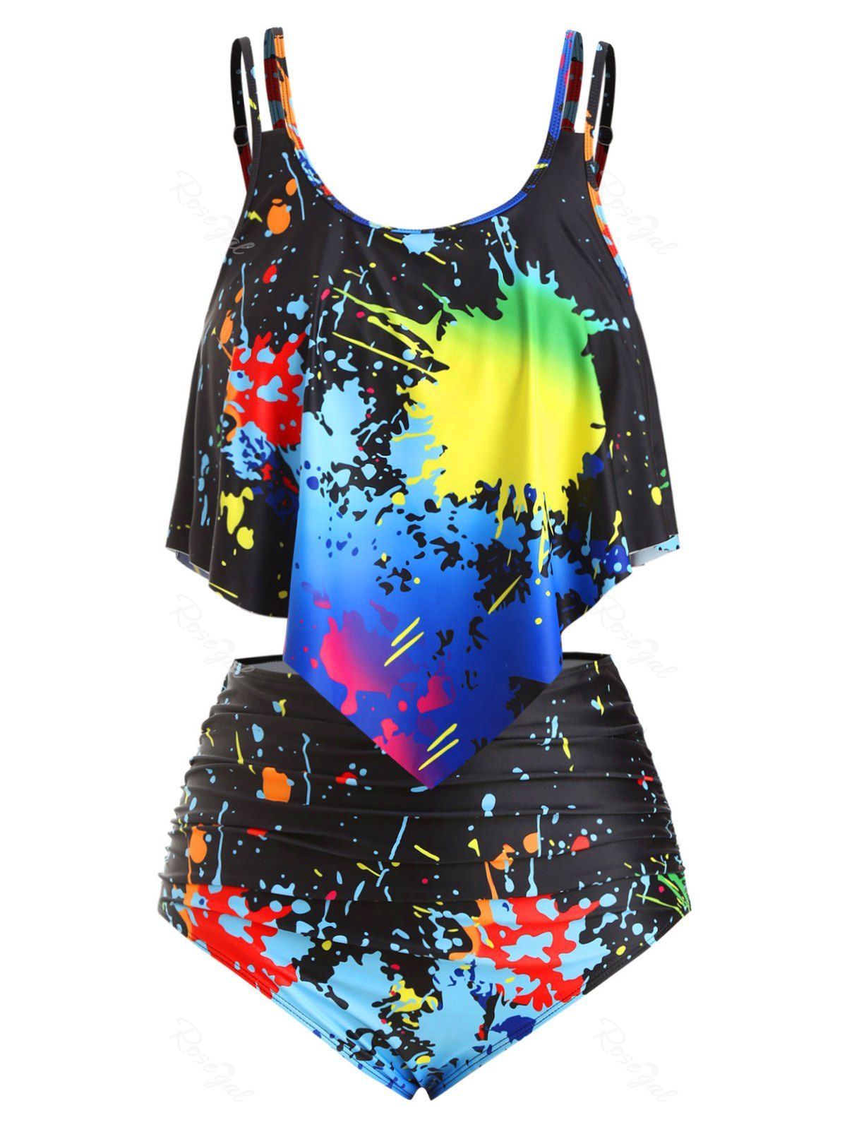

Overlay Ruched Strappy Splatter Paint Plus Size Tankini Swimsuit, Black