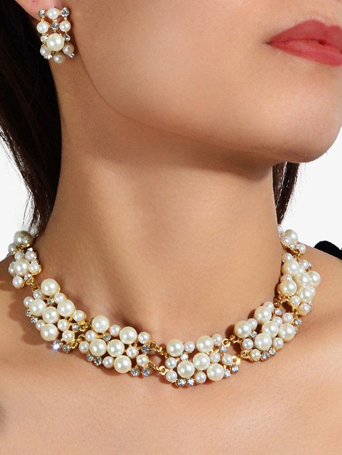 

Rhinestone Pearl Wedding Jewelry Set, Gold