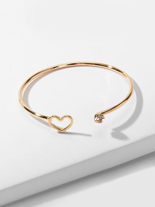 

Rhinestone Hollow Heart Open Cuff Bracelet, Gold