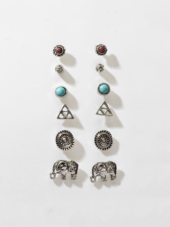 

6Pairs Bohemian Elephant Geometric Earrings Suit, Silver