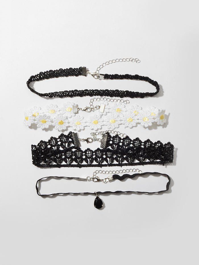 

4Pcs Floral Lace Choker Necklace Set, Black