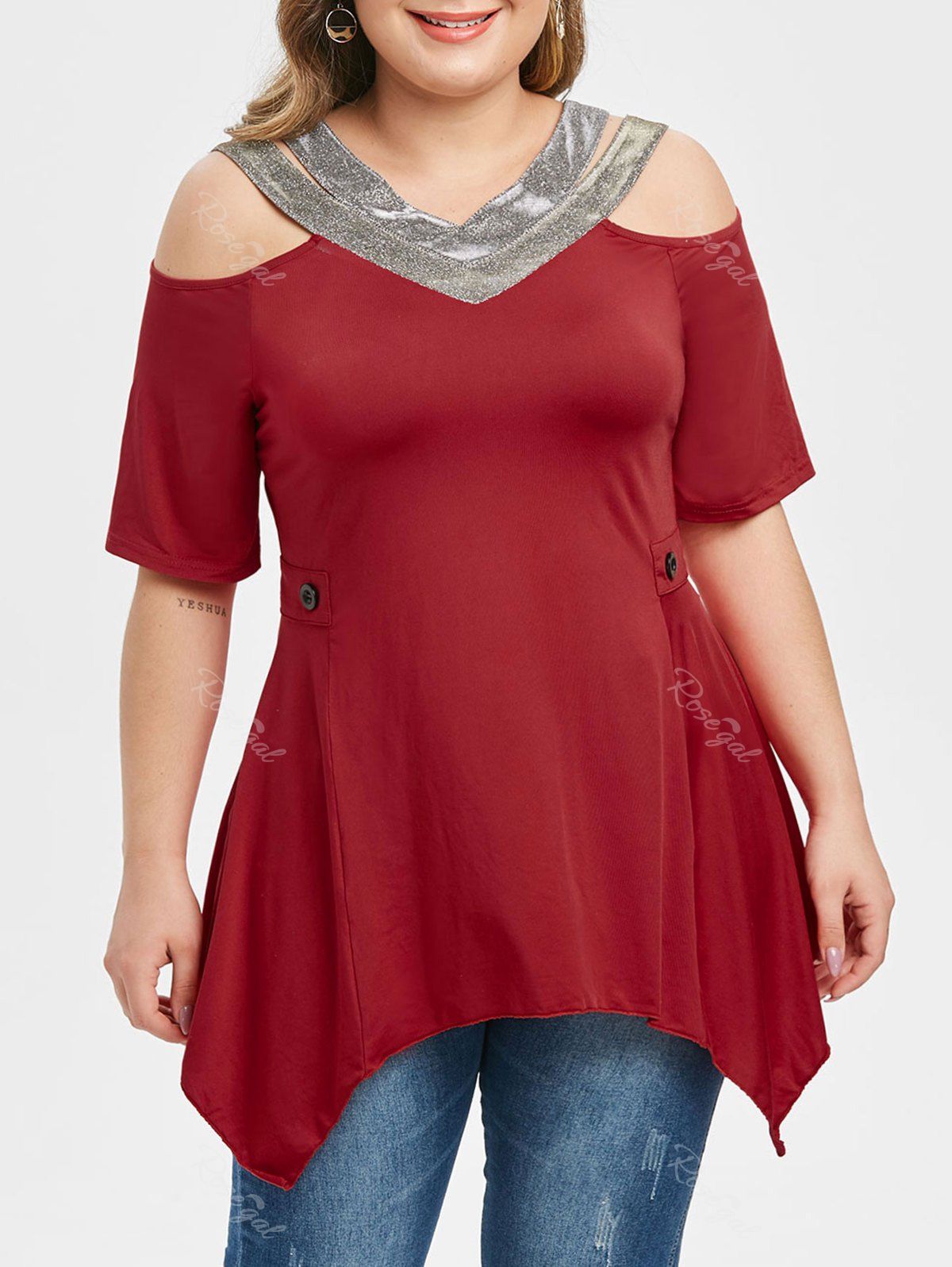 

Glittery Cold Shoulder Handkerchief Plus Size Top, Red wine