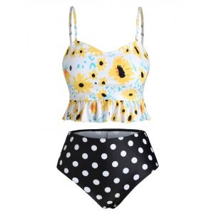 

Peplum Hem Floral Polka Dot Plus Size Tankini Swimsuit, Sun yellow