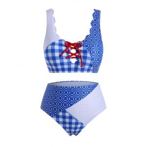 

Scalloped Trim Plaid Panel Lace Up Plus Size Bikini Swimsuit, Sky blue