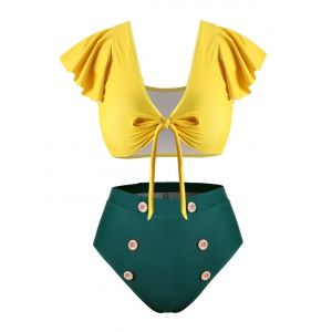

Flounced Sleeve Mock Button Tie Front Plus Size Two Piece Swimsuit, Yellow