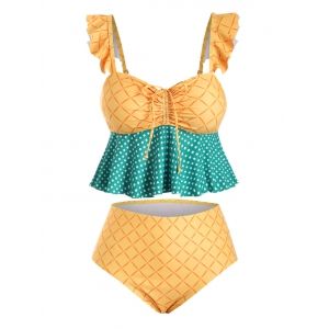 

Cinched Front Flounced Checked Polka Dot Plus Size Tankini Swimwear, Yellow