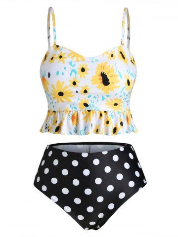 Peplum Hem Floral Polka Dot Plus Size Peplum Tankini Swimsuit - SUN YELLOW - 5X