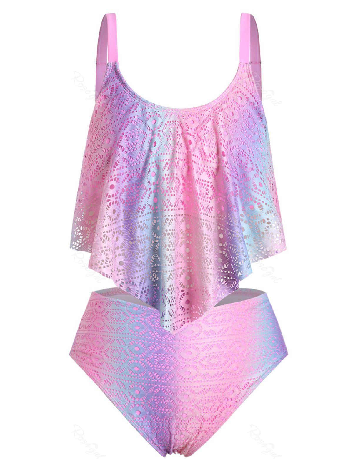 

Plus Size Flounce Perforated Ombre Tankini Swimsuit, Pink