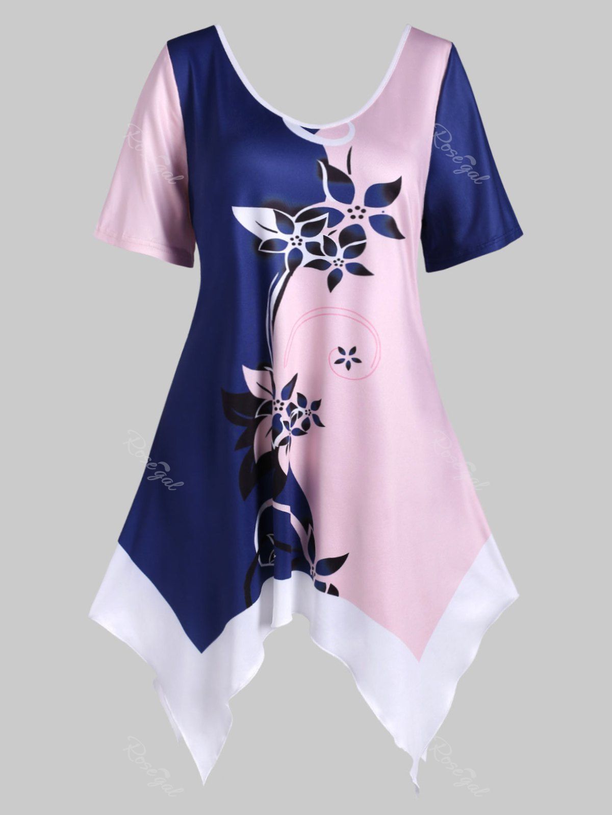 

Handkerchief Double V Floral Colorblock Plus Size Top, Pink