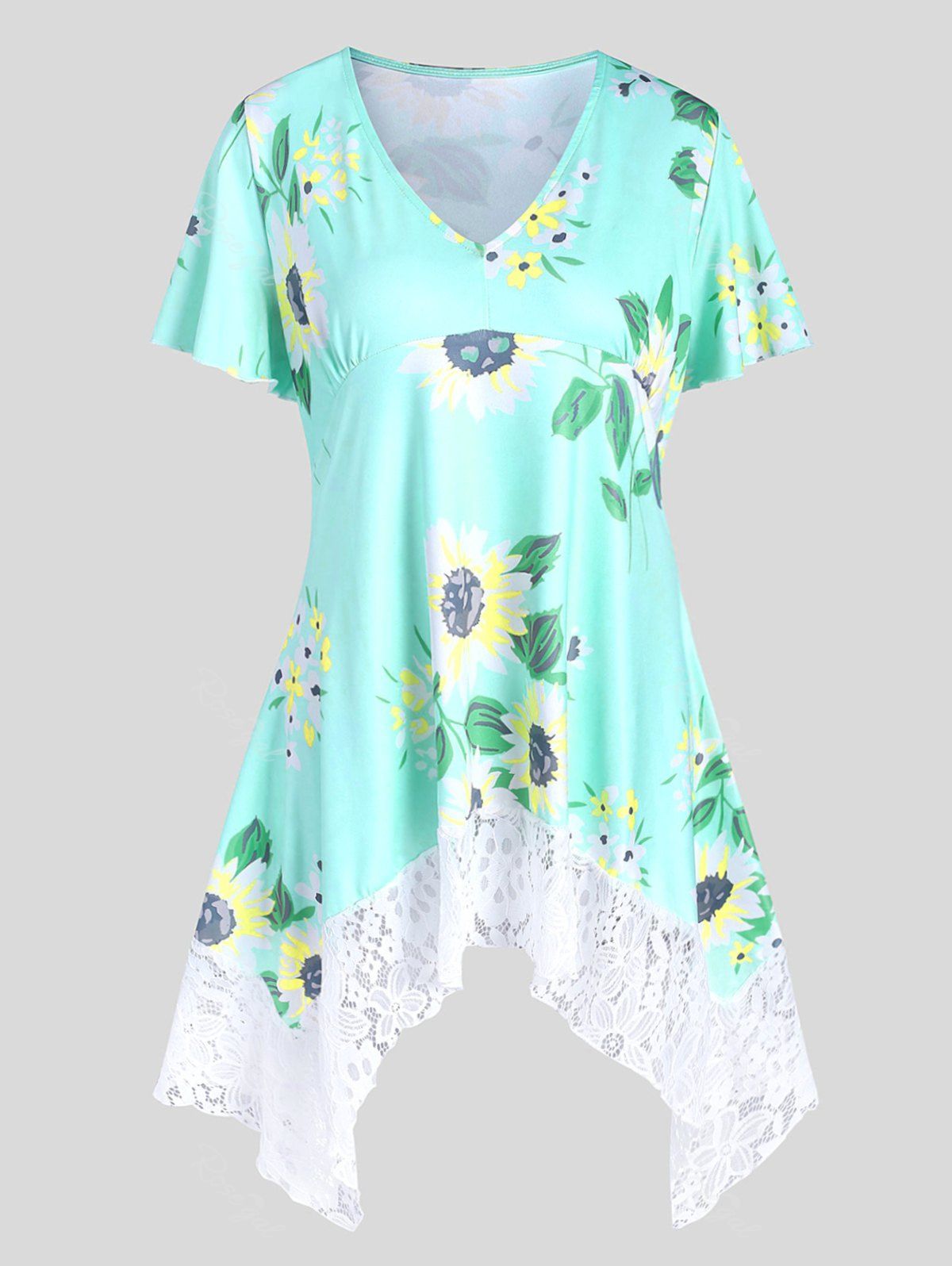 

Plus Size Handkerchief Floral Print Lace Hem T Shirt, Medium turquoise